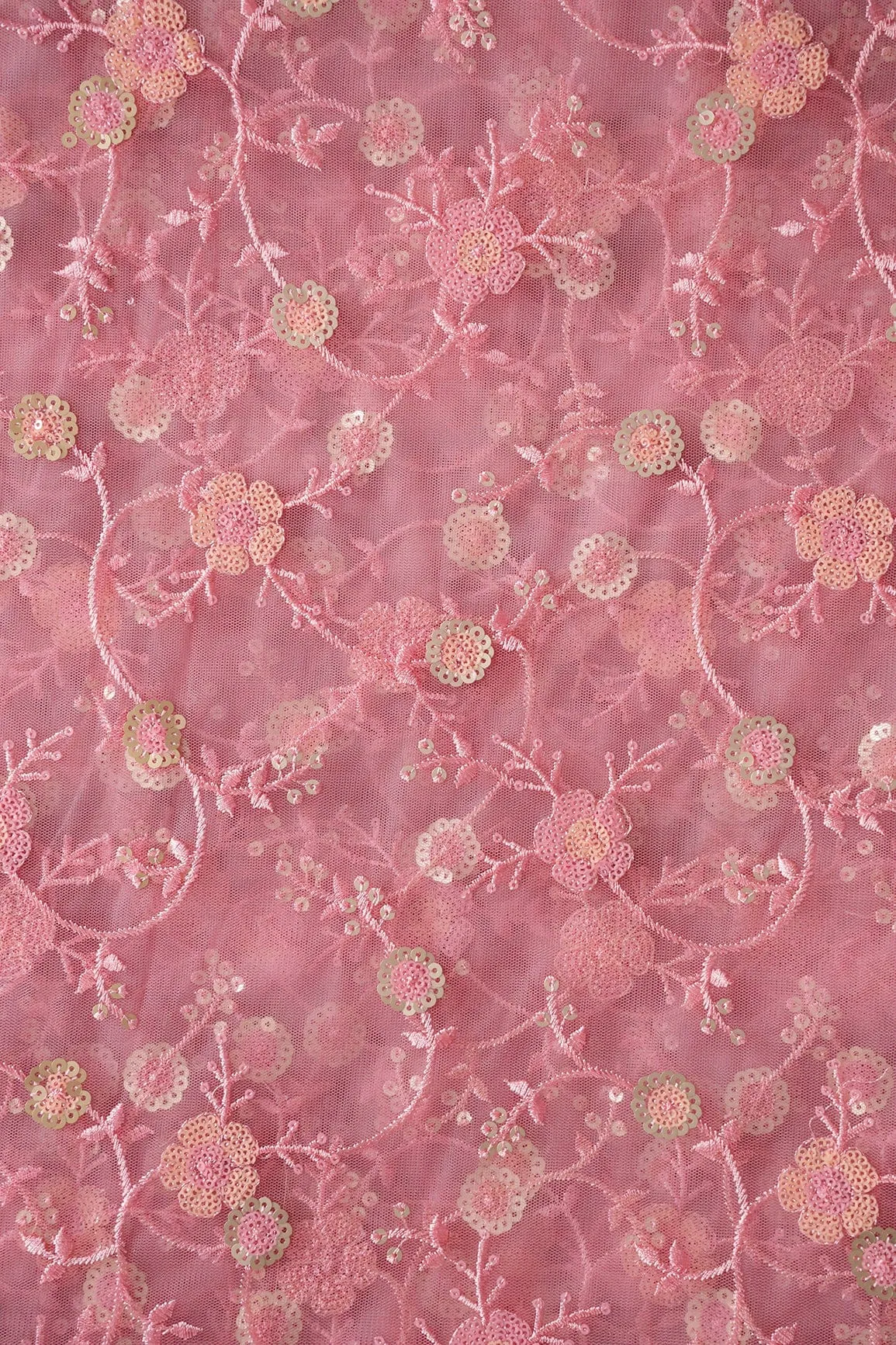 Beautiful Multi Color Sequins Floral Embroidery Work On Pink Soft Net Fabric