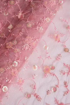 Beautiful Multi Color Sequins Floral Embroidery Work On Pink Soft Net Fabric