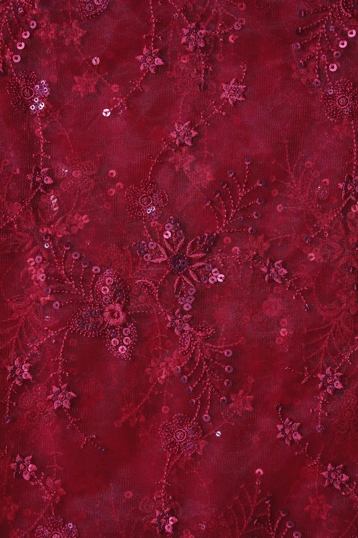 Beautiful Red Thread With Red Sequins Floral Embroidery Work On Red Soft Net Fabric