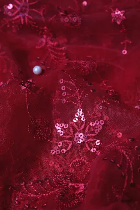 Beautiful Red Thread With Red Sequins Floral Embroidery Work On Red Soft Net Fabric