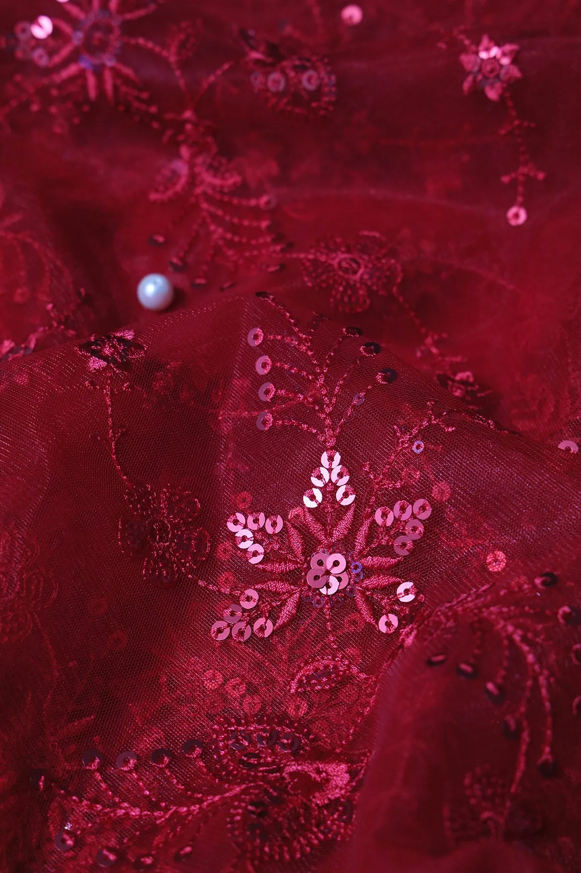 Beautiful Red Thread With Red Sequins Floral Embroidery Work On Red Soft Net Fabric