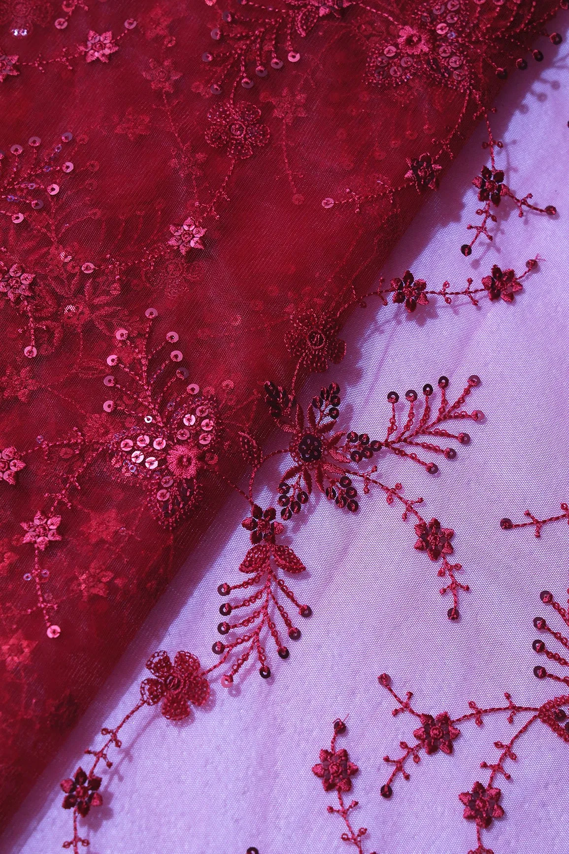 Beautiful Red Thread With Red Sequins Floral Embroidery Work On Red Soft Net Fabric