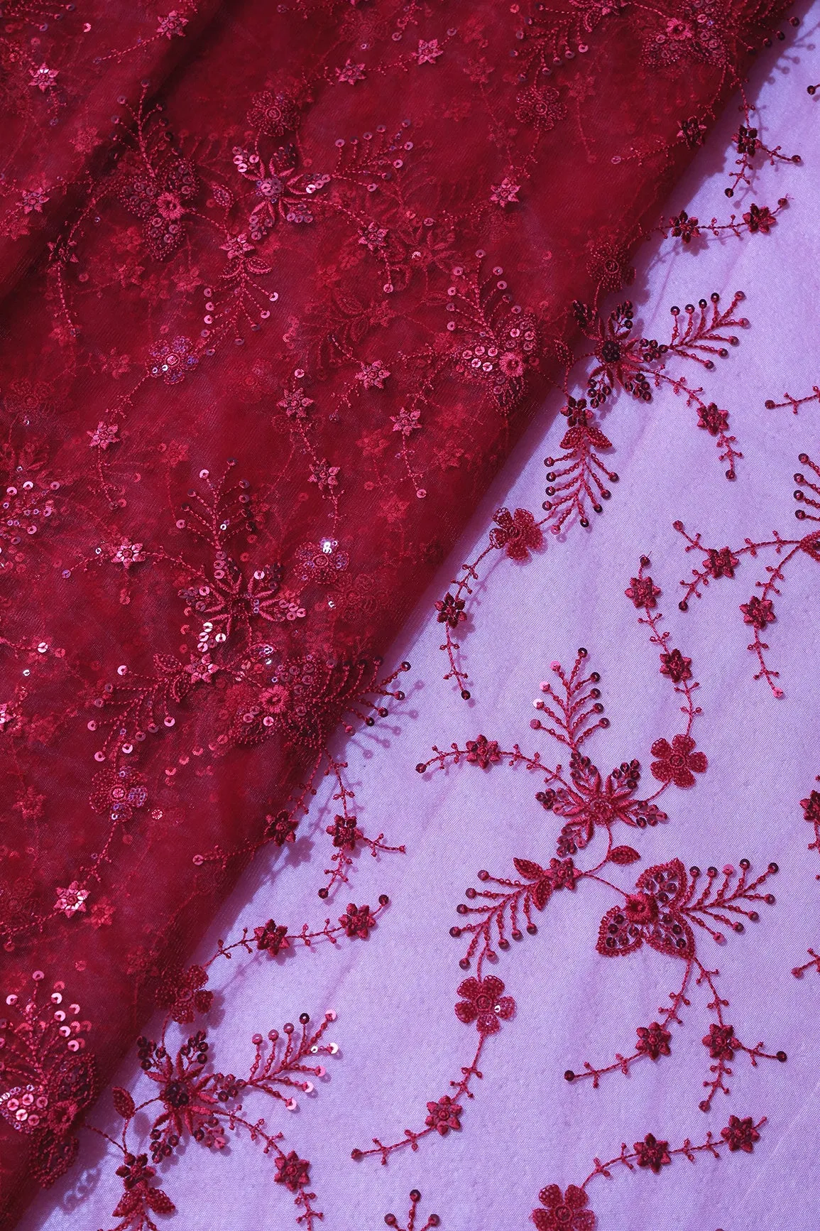 Beautiful Red Thread With Red Sequins Floral Embroidery Work On Red Soft Net Fabric