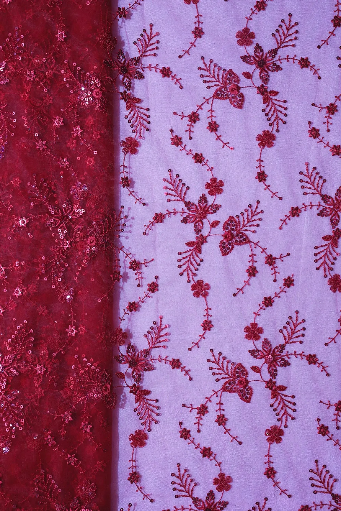 Beautiful Red Thread With Red Sequins Floral Embroidery Work On Red Soft Net Fabric