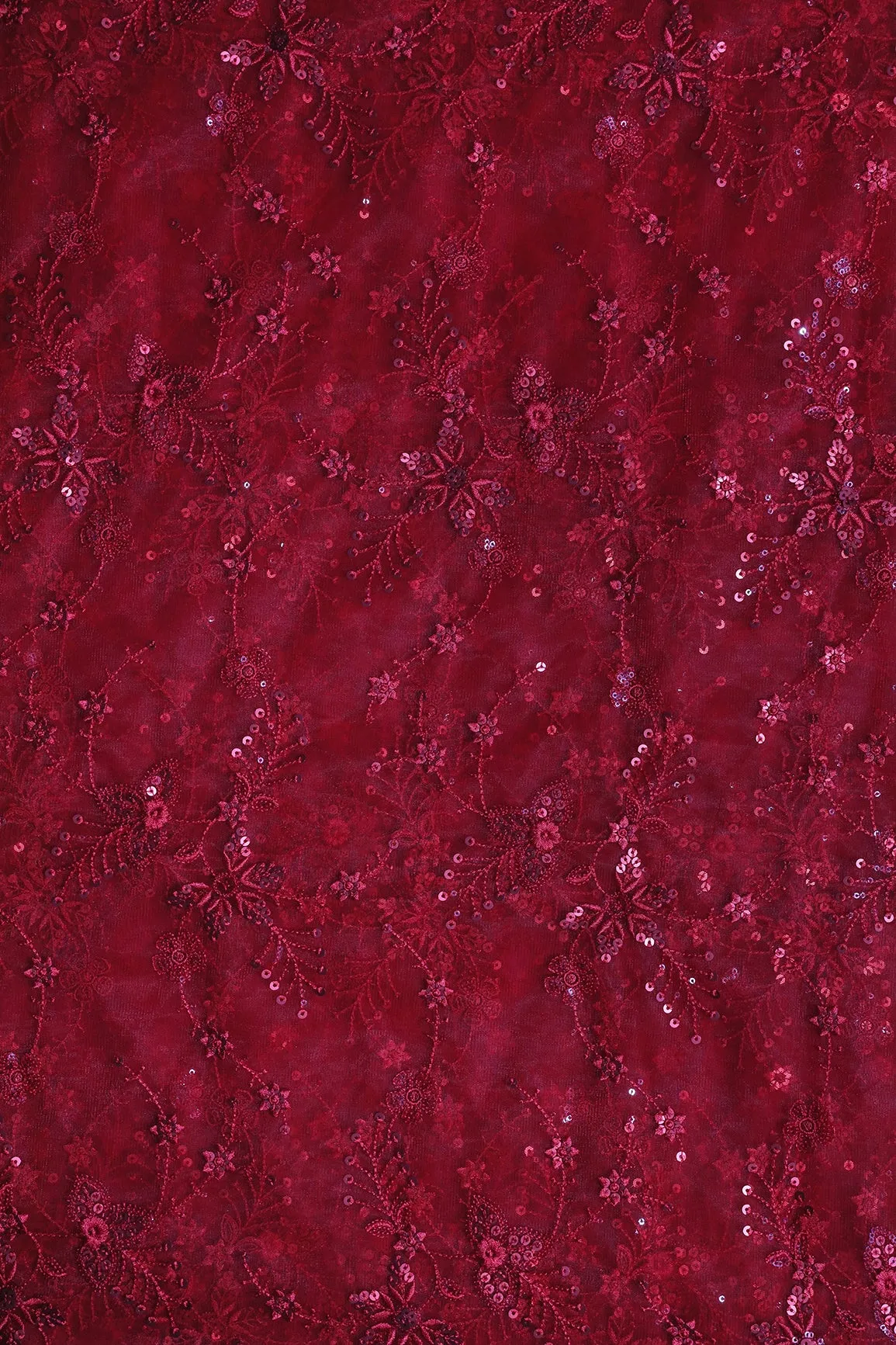 Beautiful Red Thread With Red Sequins Floral Embroidery Work On Red Soft Net Fabric