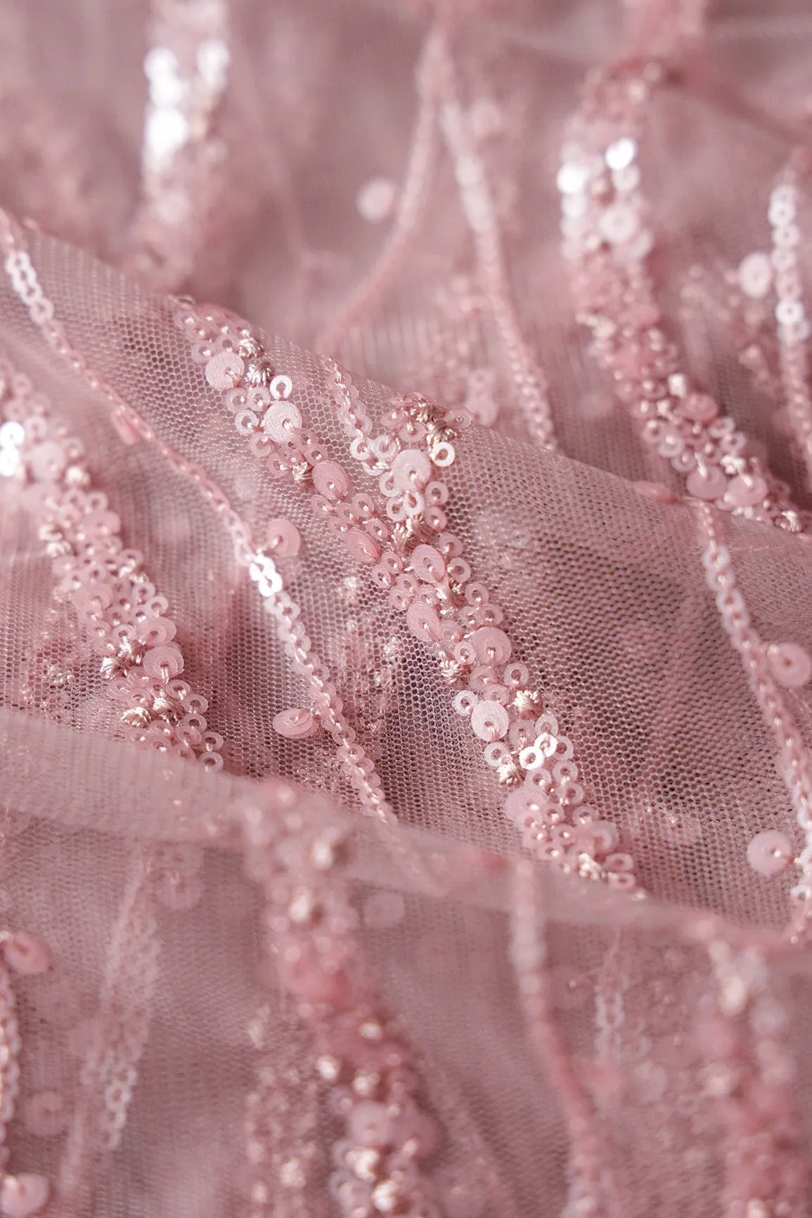 Beautiful Sequins With Mauve Thread Wavy Embroidery Work On Mauve Soft Net Fabric