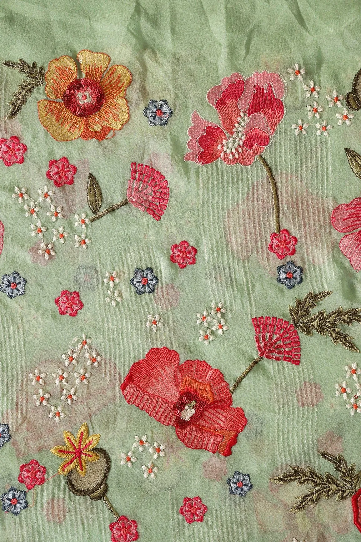 Beautiful Water Sequins With Multi Color Floral Embroidery On Olive Viscose Georgette Fabric