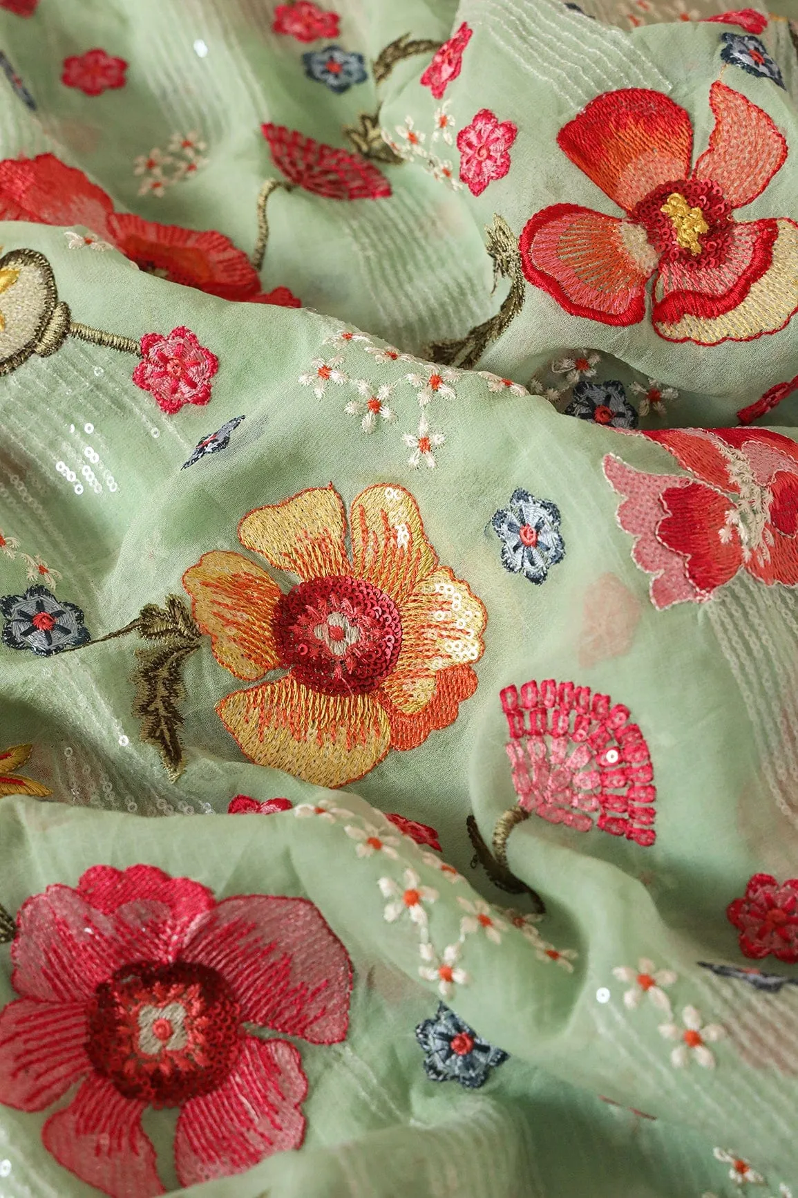 Beautiful Water Sequins With Multi Color Floral Embroidery On Olive Viscose Georgette Fabric