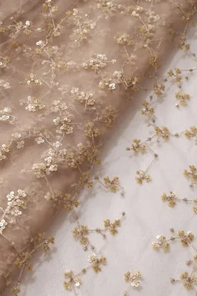 Beige And Gold Sequins With Geometric Embroidery On Beige Soft Net Fabric