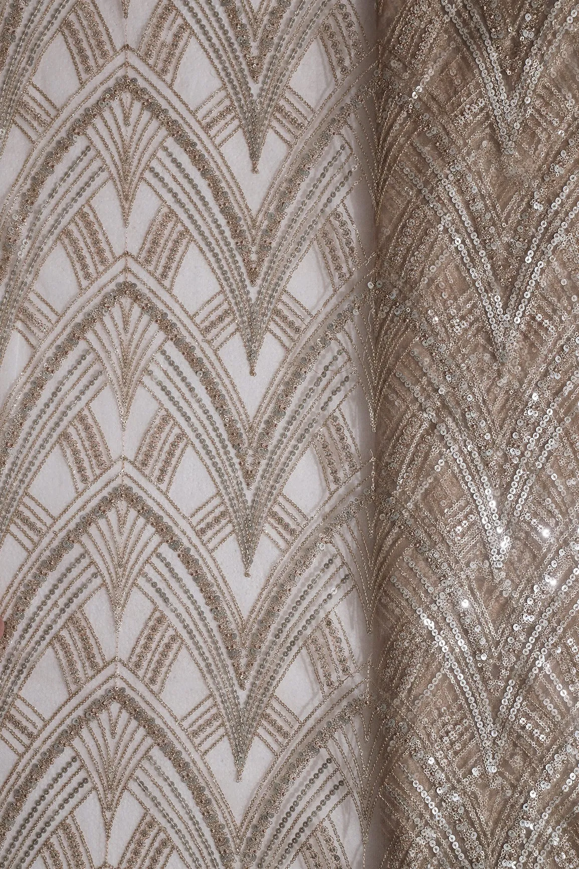 Beige Thread With Gold And Silver Sequins Geometric Embroidery Work On Beige Soft Net Fabric