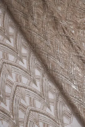 Beige Thread With Gold And Silver Sequins Geometric Embroidery Work On Beige Soft Net Fabric