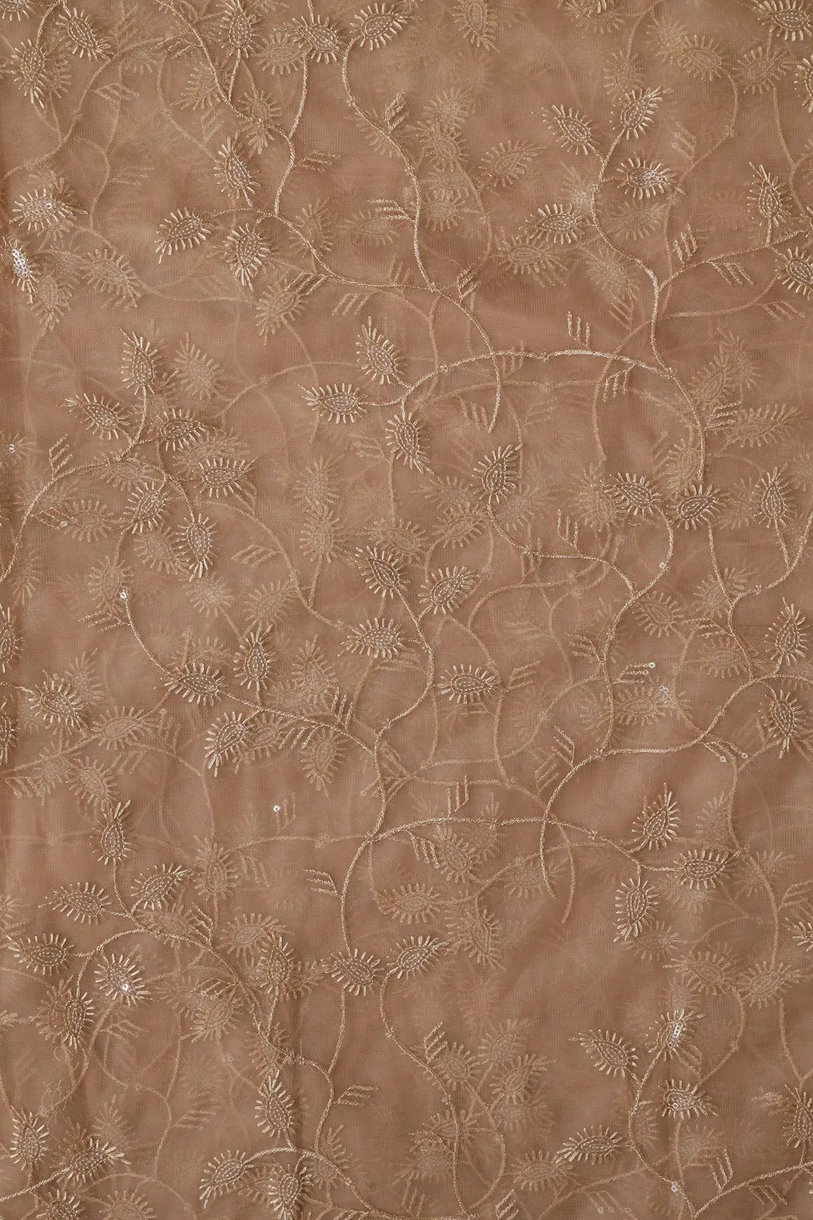 Beige Thread With Water Sequins Leafy Embroidery On Beige Soft Net Fabric