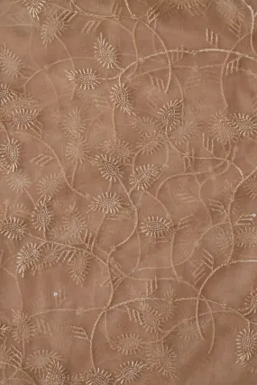 Beige Thread With Water Sequins Leafy Embroidery On Beige Soft Net Fabric