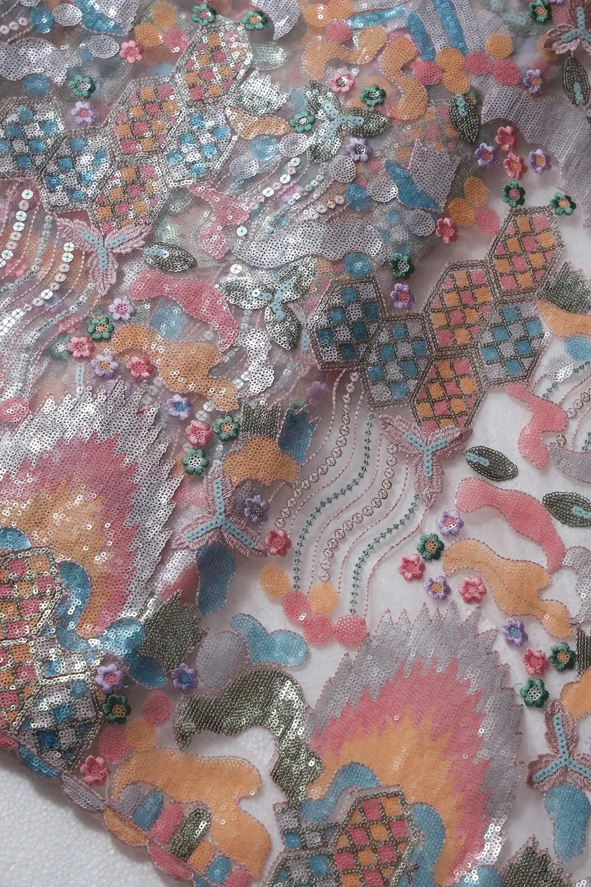 Big Width "56" Multi Color Sequins With Thread Work Abstract Embroidery On Grey Soft Net Fabric