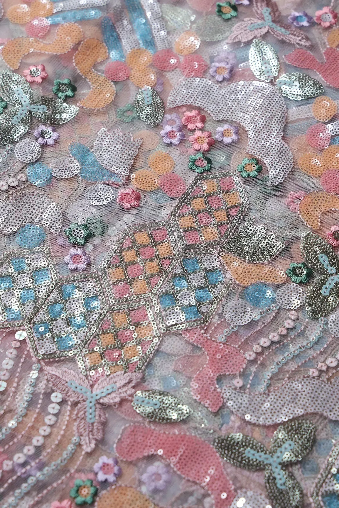 Big Width "56" Multi Color Sequins With Thread Work Abstract Embroidery On Grey Soft Net Fabric