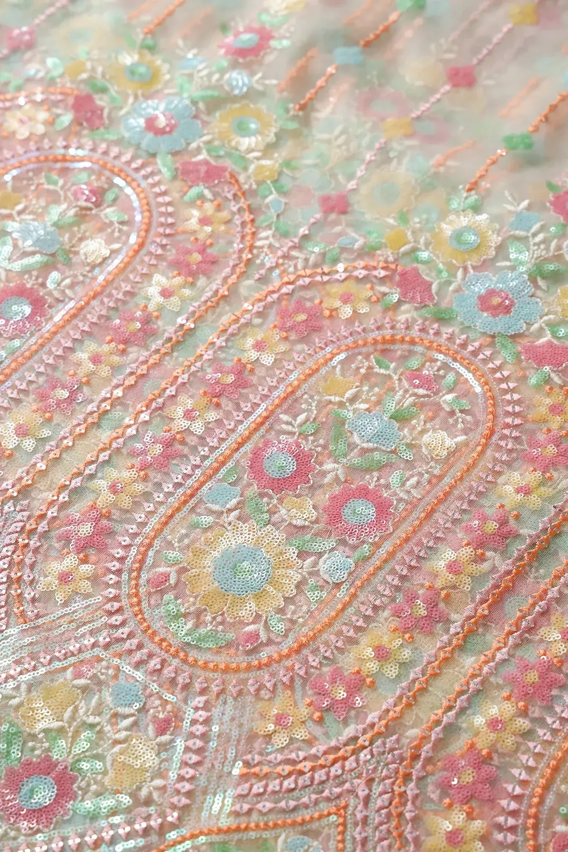 Big Width "56" Multi Color Sequins With Thread Work Heavy Floral Embroidery On Cream Soft Net Fabric