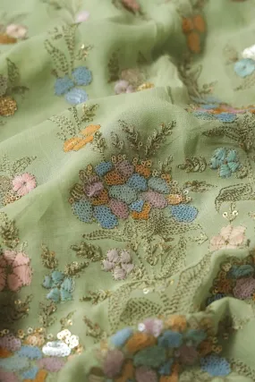 Big Width "56" Multi Sequins Floral Embroidery On Olive Viscose Georgette Fabric With Border