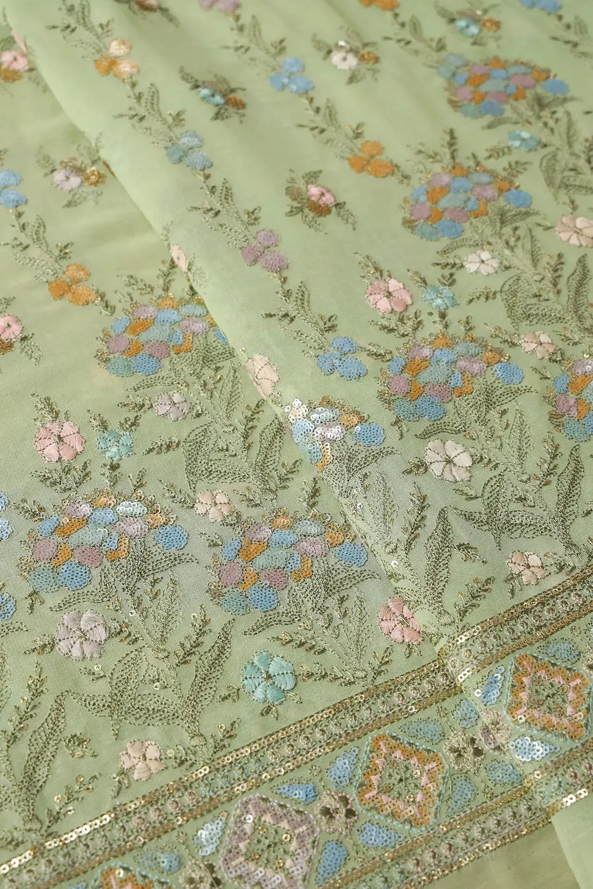 Big Width "56" Multi Sequins Floral Embroidery On Olive Viscose Georgette Fabric With Border