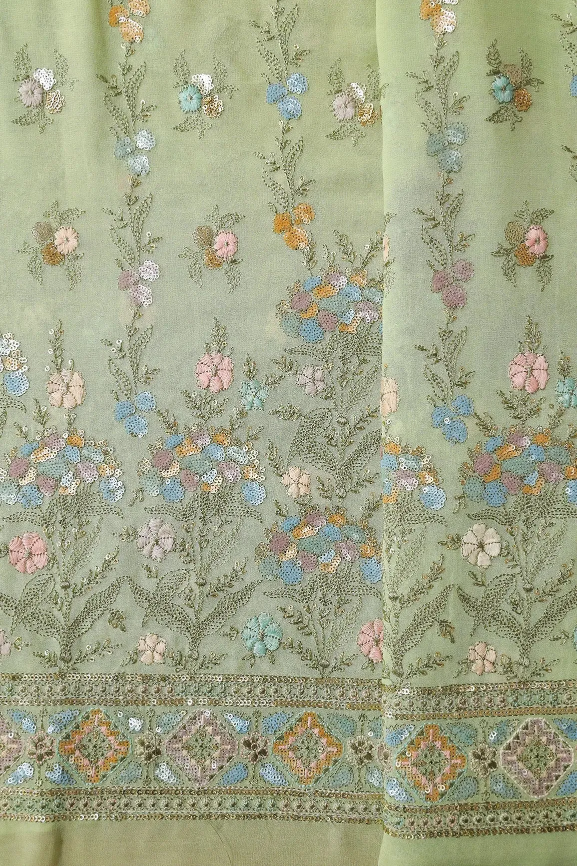 Big Width "56" Multi Sequins Floral Embroidery On Olive Viscose Georgette Fabric With Border