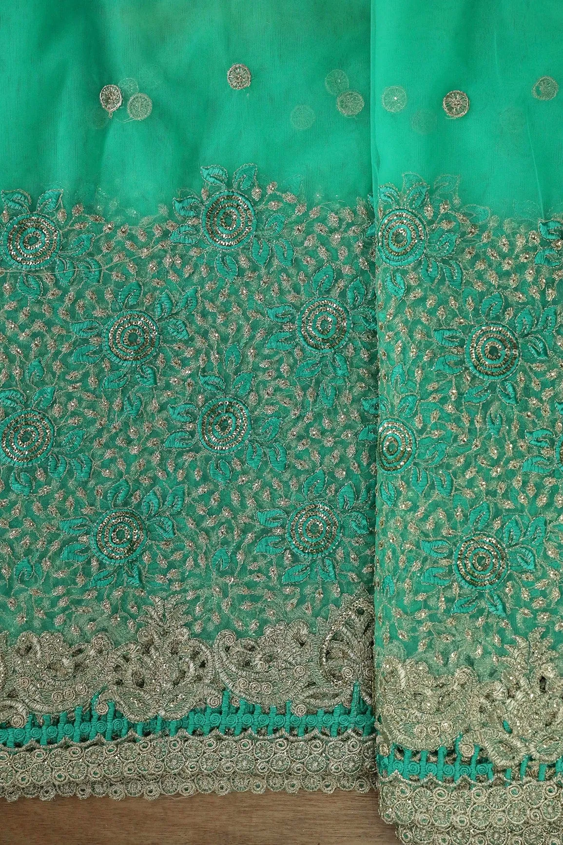 Big Width''56'' Mint Green Thread With Zari Floral Embroidery Work On Mint Green Soft Net Fabric With Border