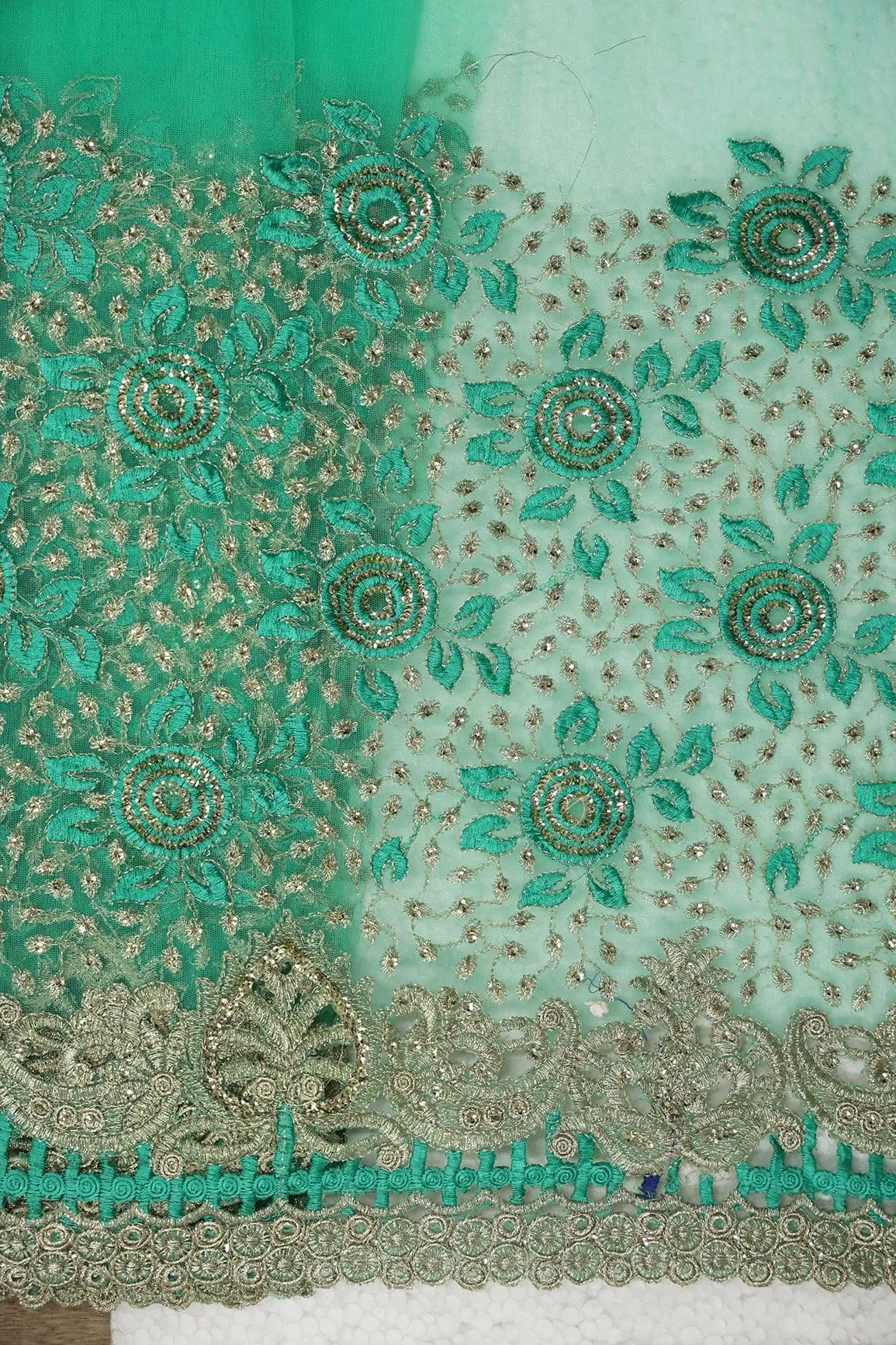 Big Width''56'' Mint Green Thread With Zari Floral Embroidery Work On Mint Green Soft Net Fabric With Border