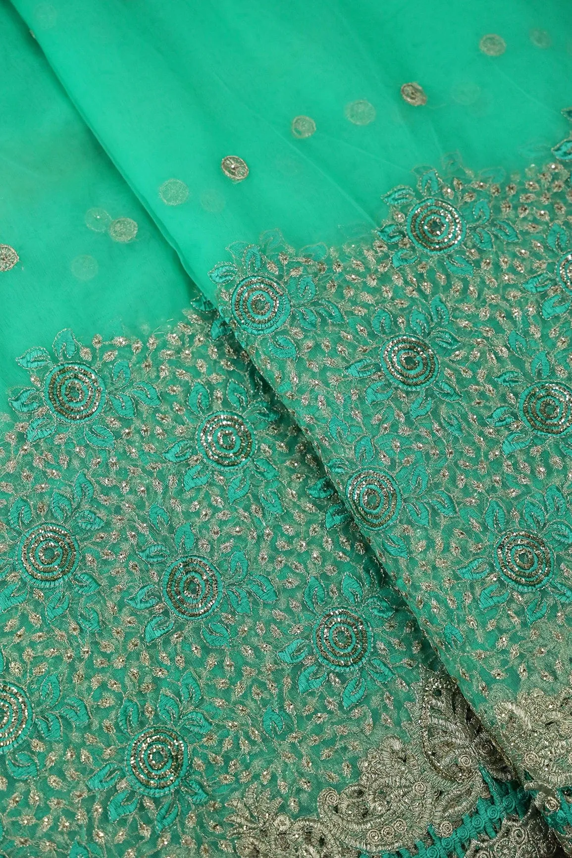 Big Width''56'' Mint Green Thread With Zari Floral Embroidery Work On Mint Green Soft Net Fabric With Border