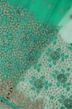 Big Width''56'' Mint Green Thread With Zari Floral Embroidery Work On Mint Green Soft Net Fabric With Border