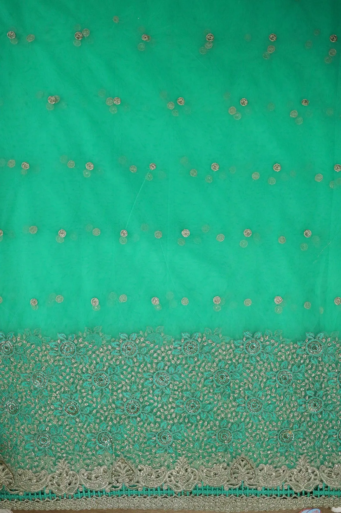 Big Width''56'' Mint Green Thread With Zari Floral Embroidery Work On Mint Green Soft Net Fabric With Border