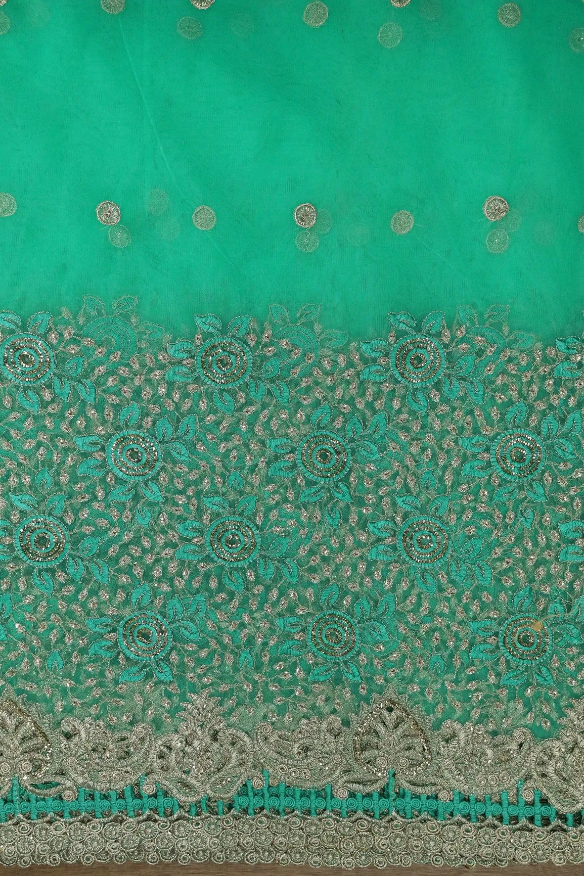 Big Width''56'' Mint Green Thread With Zari Floral Embroidery Work On Mint Green Soft Net Fabric With Border