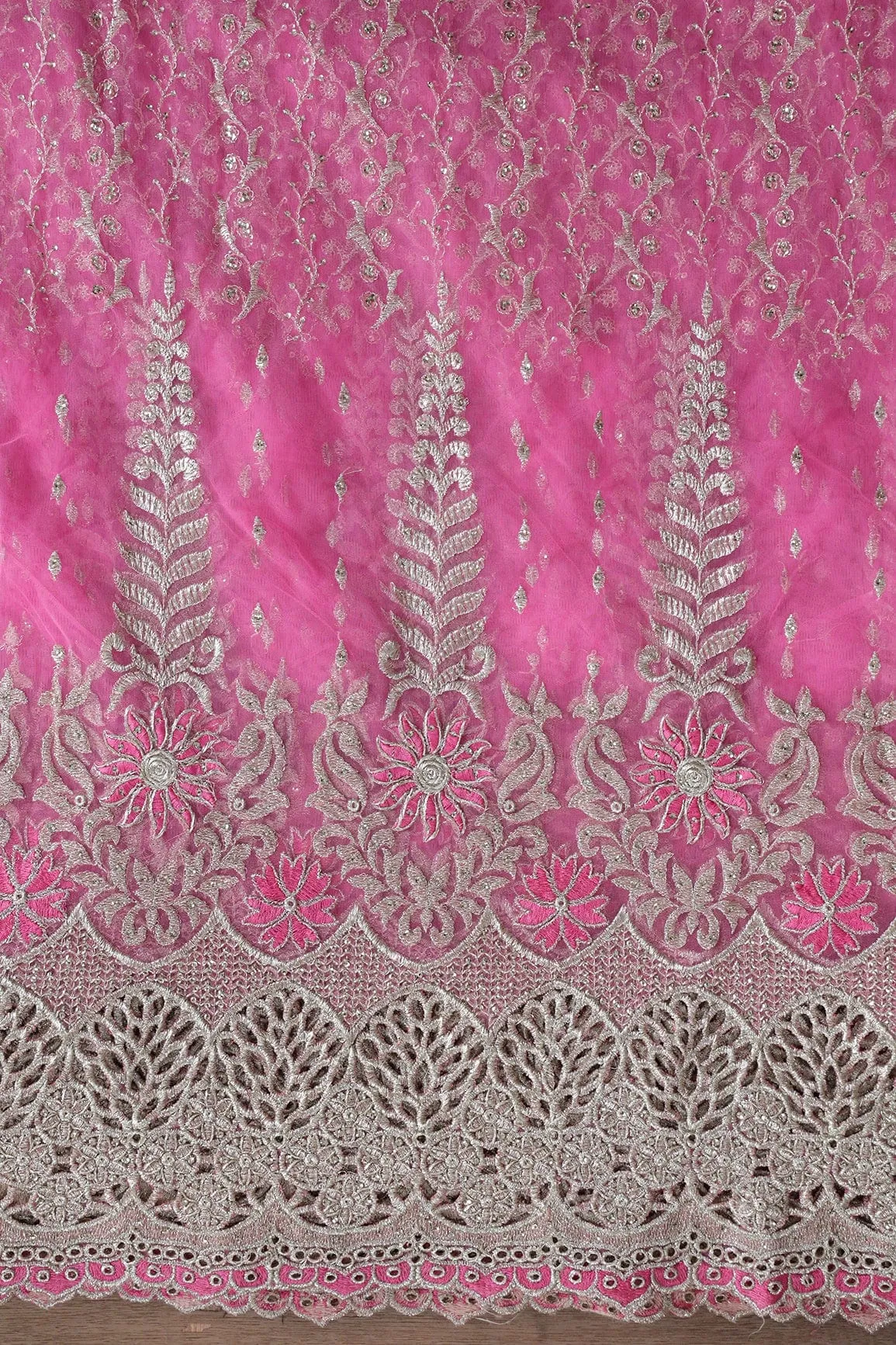 Big Width''56'' Pink Thread With Zari Traditional Embroidery Work On Pink Soft Net Fabric With Border