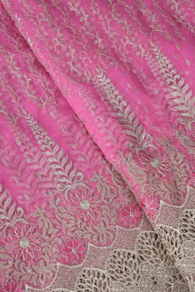 Big Width''56'' Pink Thread With Zari Traditional Embroidery Work On Pink Soft Net Fabric With Border