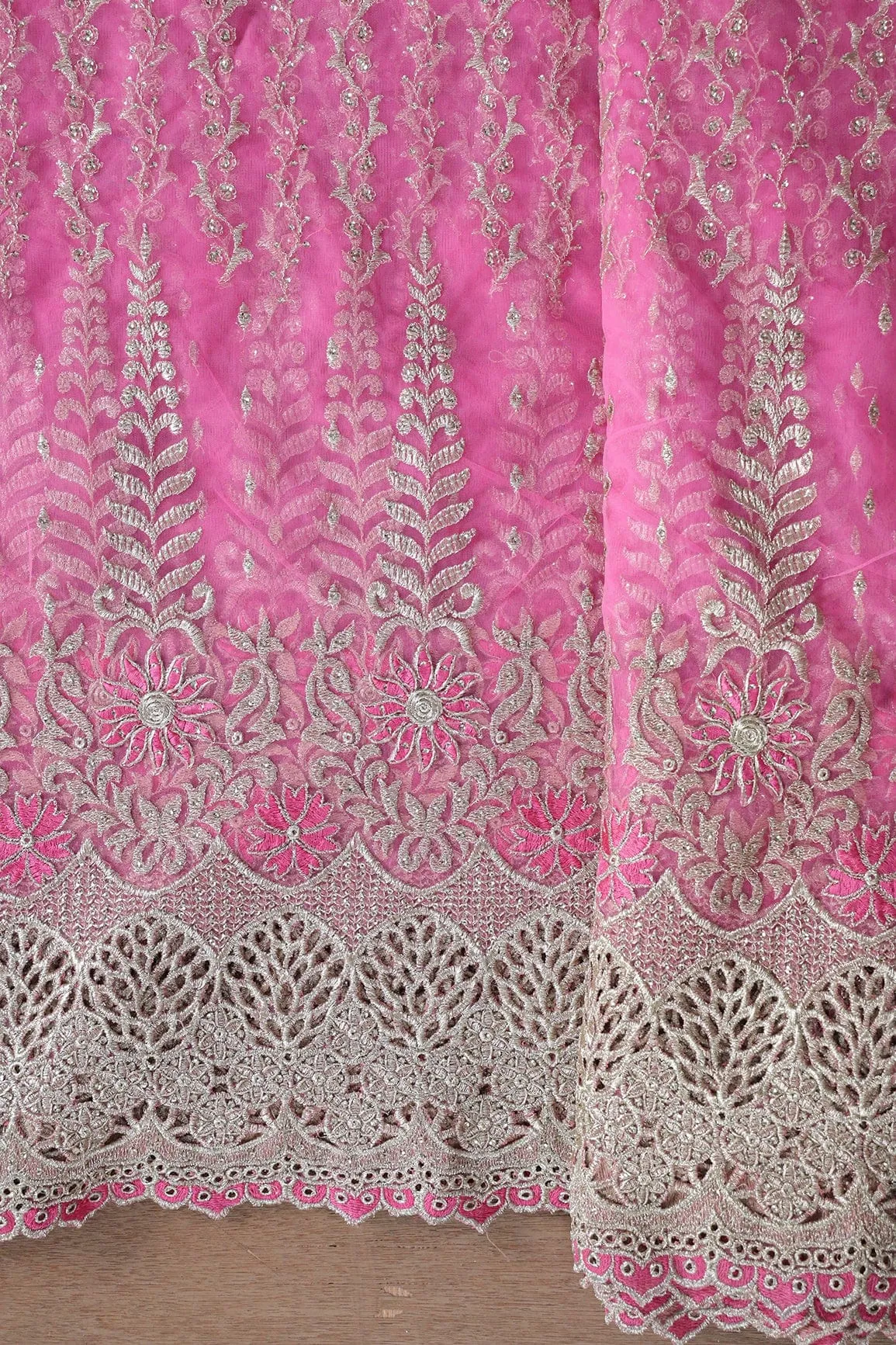 Big Width''56'' Pink Thread With Zari Traditional Embroidery Work On Pink Soft Net Fabric With Border