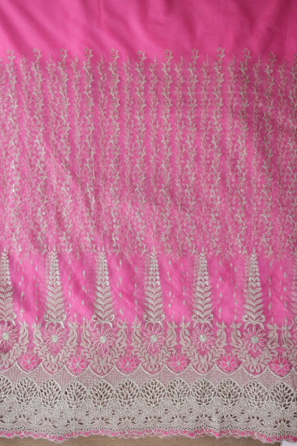 Big Width''56'' Pink Thread With Zari Traditional Embroidery Work On Pink Soft Net Fabric With Border