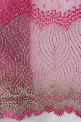 Big Width''56'' Pink Thread With Zari Traditional Embroidery Work On Pink Soft Net Fabric With Border