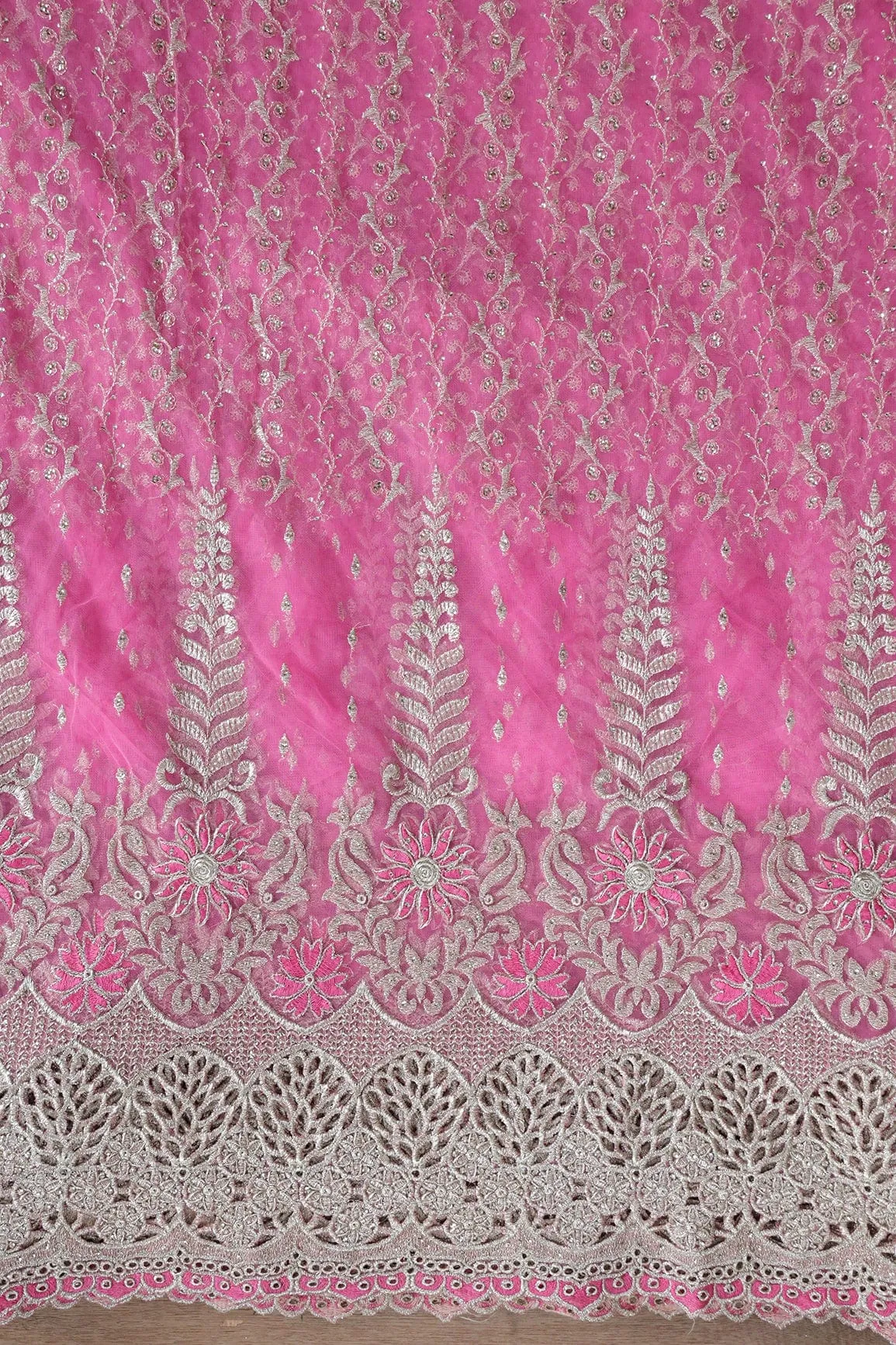 Big Width''56'' Pink Thread With Zari Traditional Embroidery Work On Pink Soft Net Fabric With Border