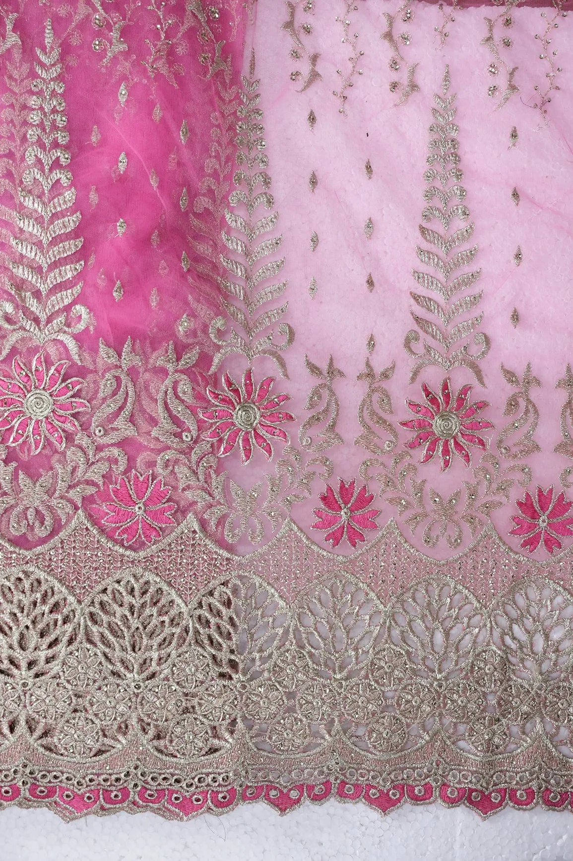 Big Width''56'' Pink Thread With Zari Traditional Embroidery Work On Pink Soft Net Fabric With Border