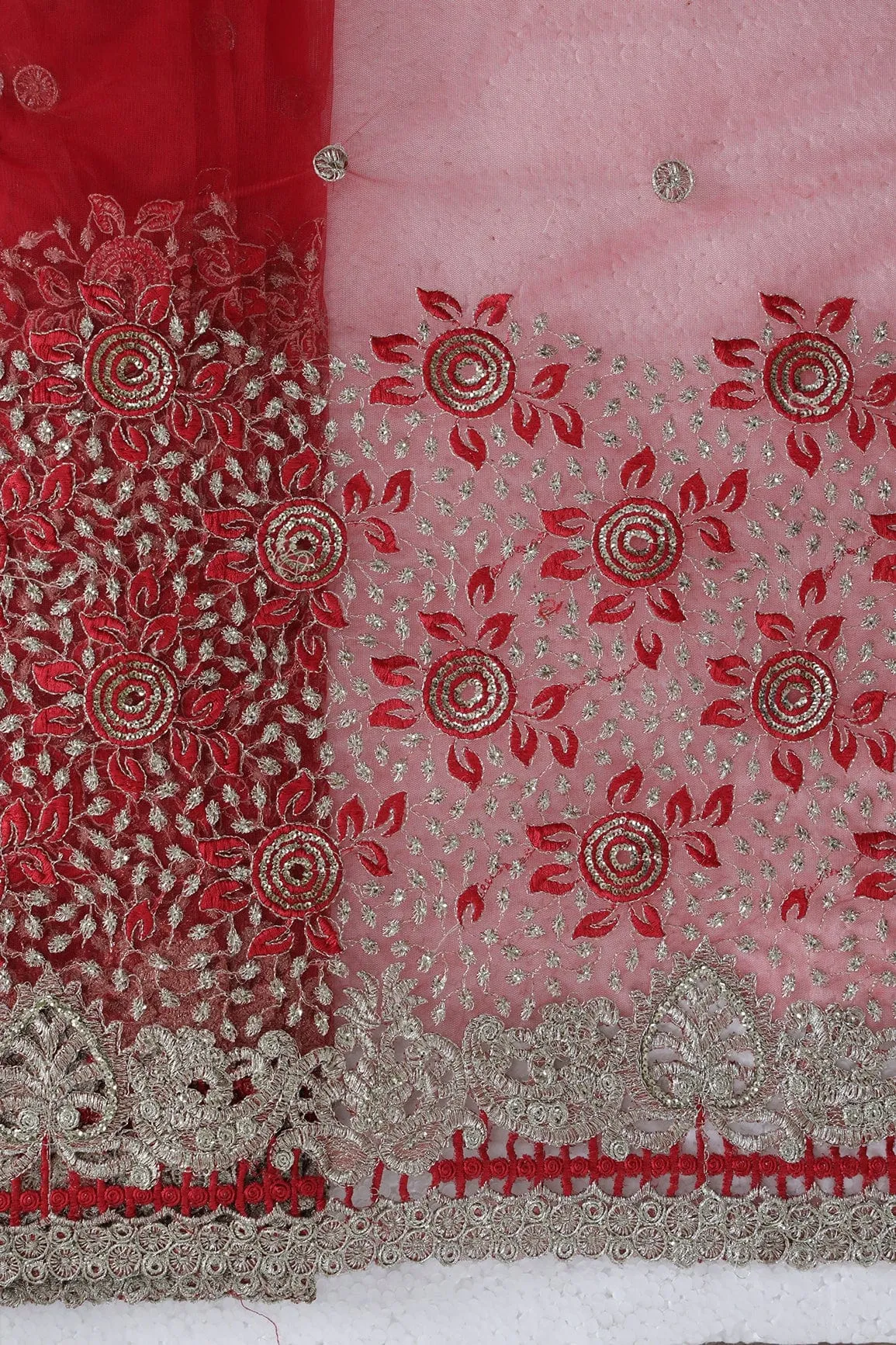 Big Width''56'' Red Thread With Zari Floral Embroidery Work On Red Soft Net Fabric With Border