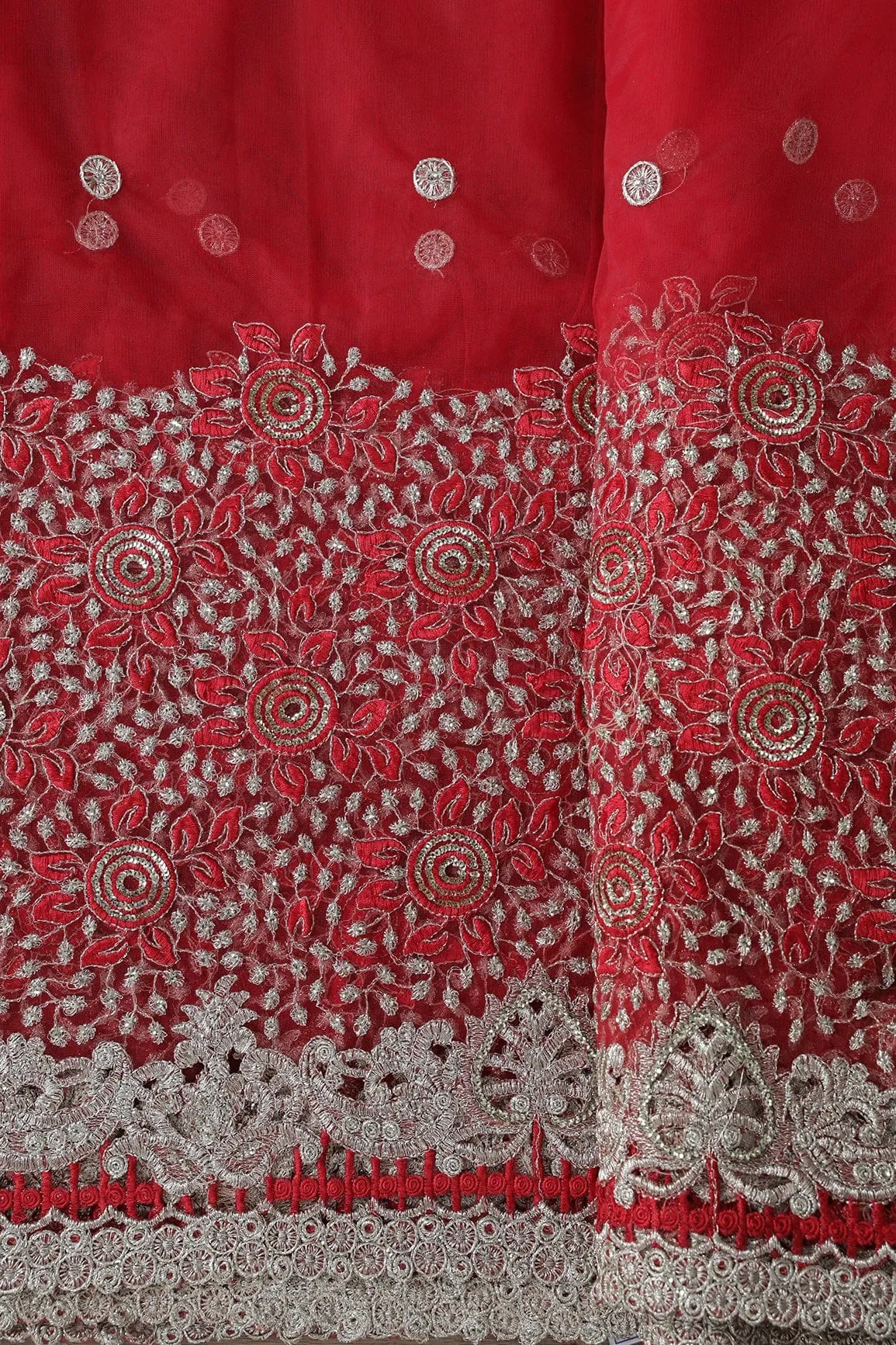 Big Width''56'' Red Thread With Zari Floral Embroidery Work On Red Soft Net Fabric With Border