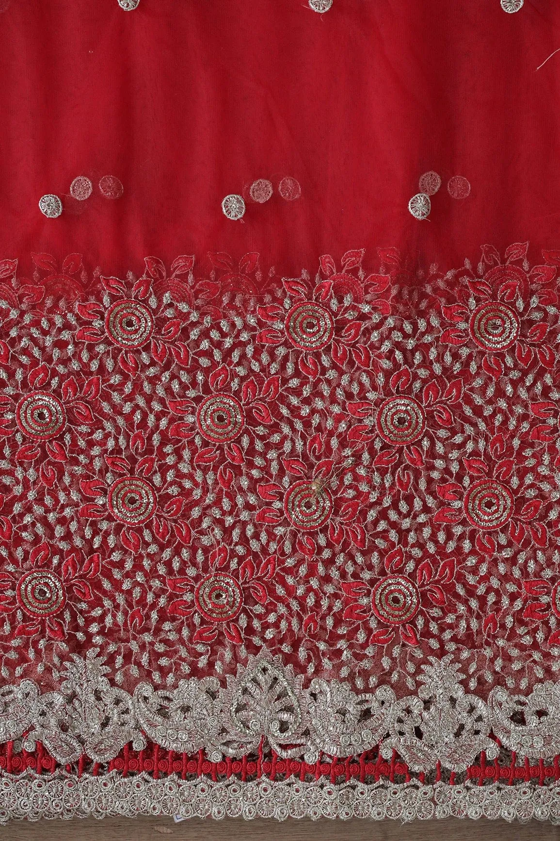 Big Width''56'' Red Thread With Zari Floral Embroidery Work On Red Soft Net Fabric With Border