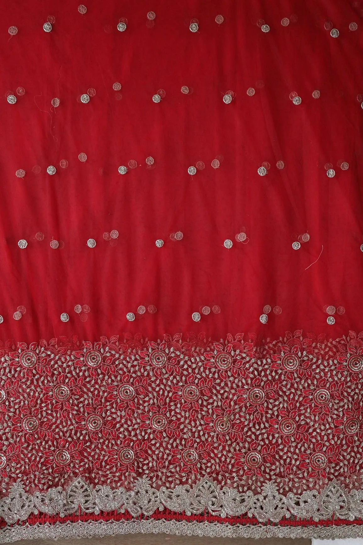 Big Width''56'' Red Thread With Zari Floral Embroidery Work On Red Soft Net Fabric With Border