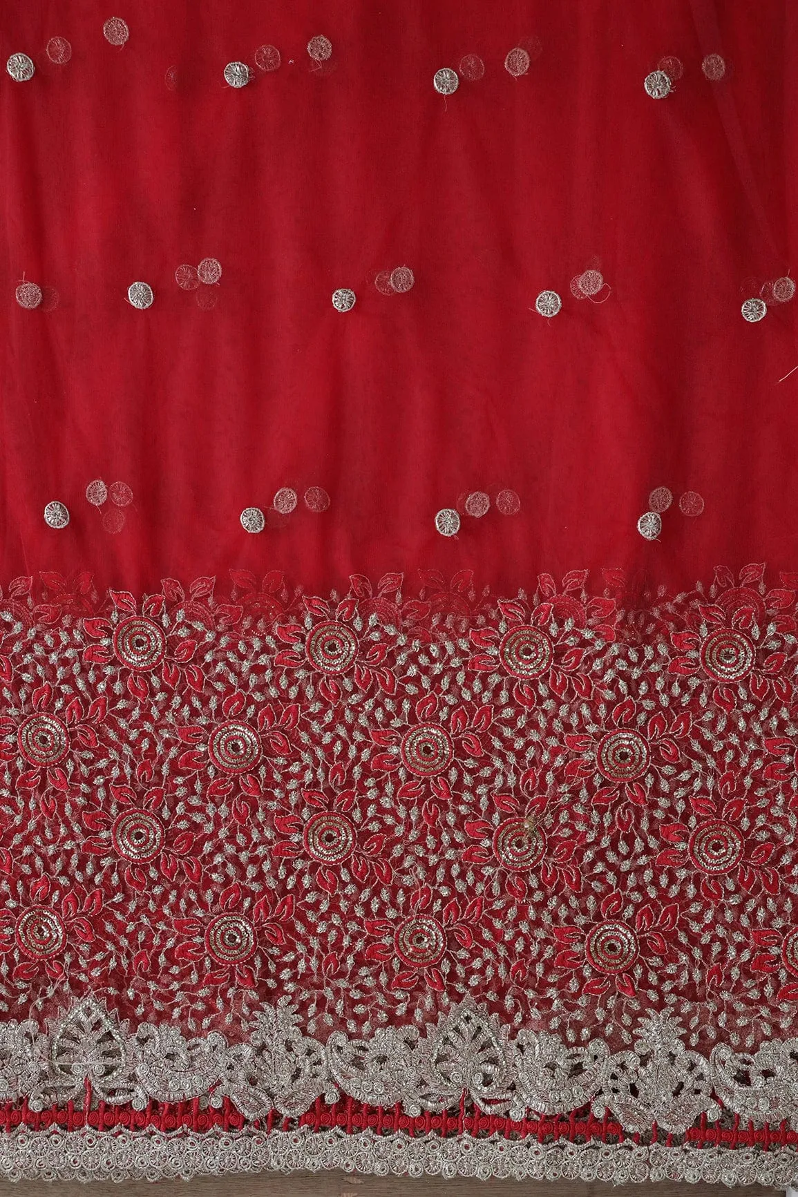 Big Width''56'' Red Thread With Zari Floral Embroidery Work On Red Soft Net Fabric With Border