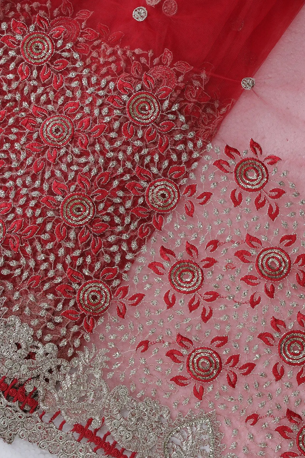 Big Width''56'' Red Thread With Zari Floral Embroidery Work On Red Soft Net Fabric With Border