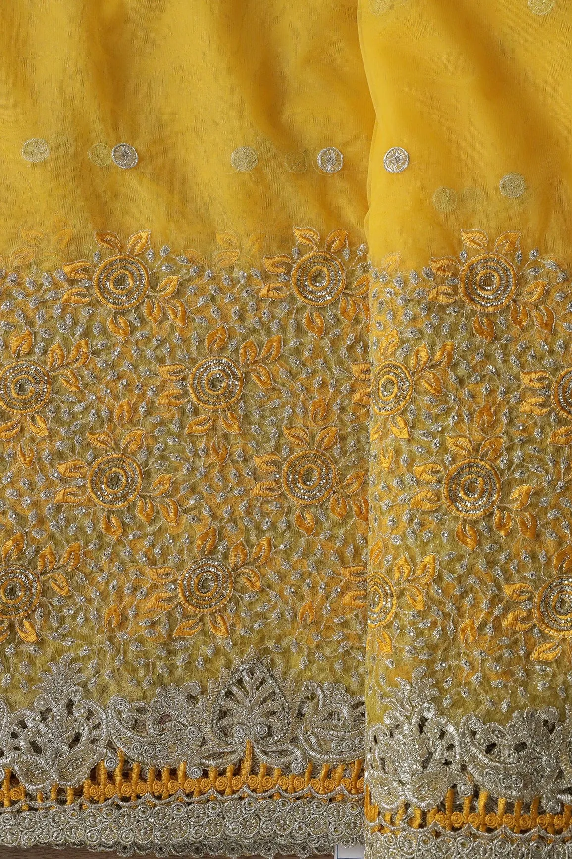 Big Width''56'' Yellow Thread With Zari Floral Embroidery Work On Yellow Soft Net Fabric With Border