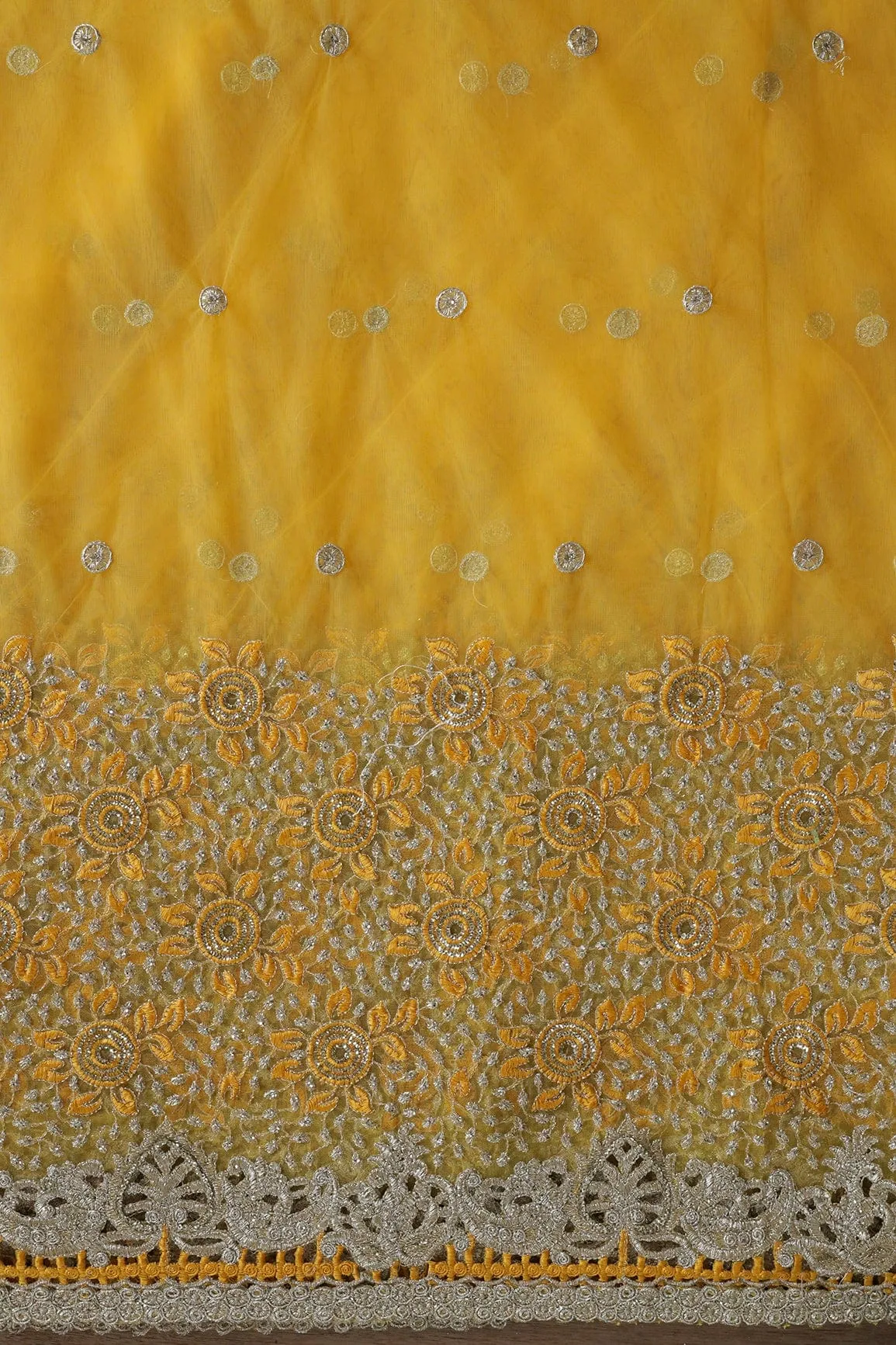 Big Width''56'' Yellow Thread With Zari Floral Embroidery Work On Yellow Soft Net Fabric With Border