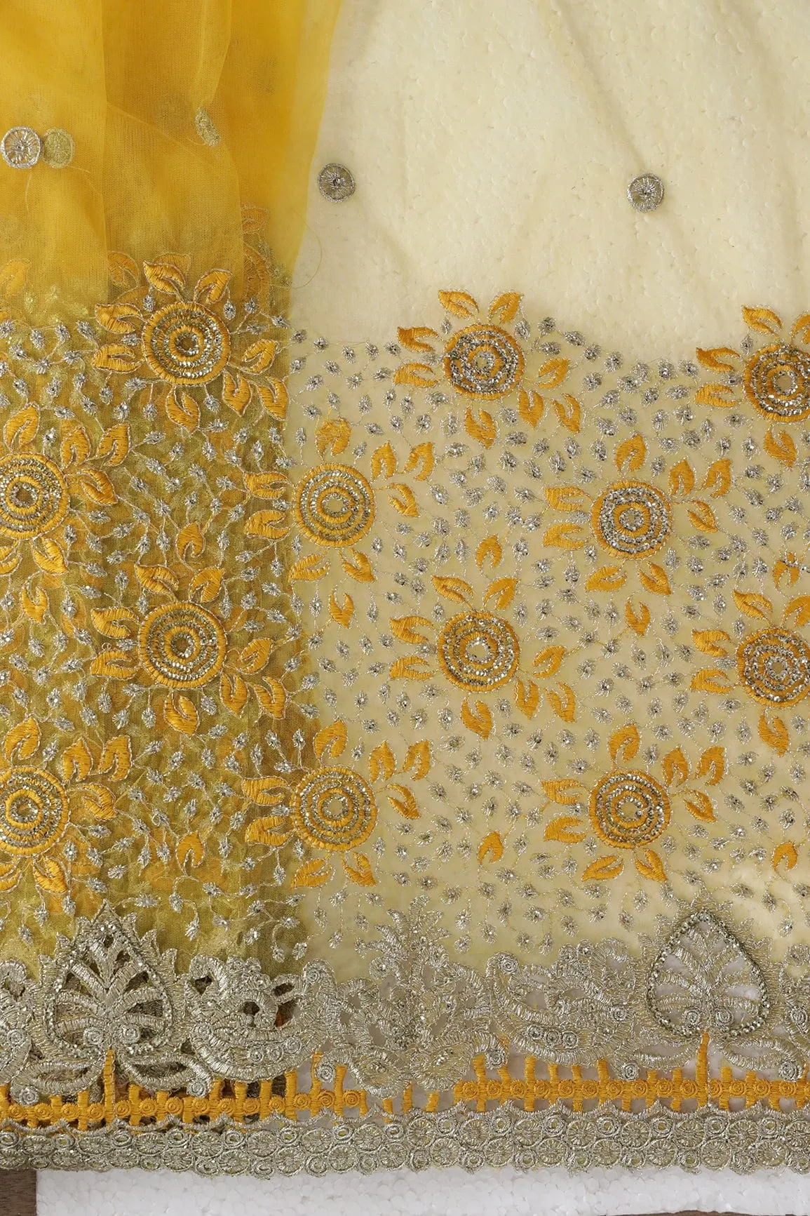 Big Width''56'' Yellow Thread With Zari Floral Embroidery Work On Yellow Soft Net Fabric With Border