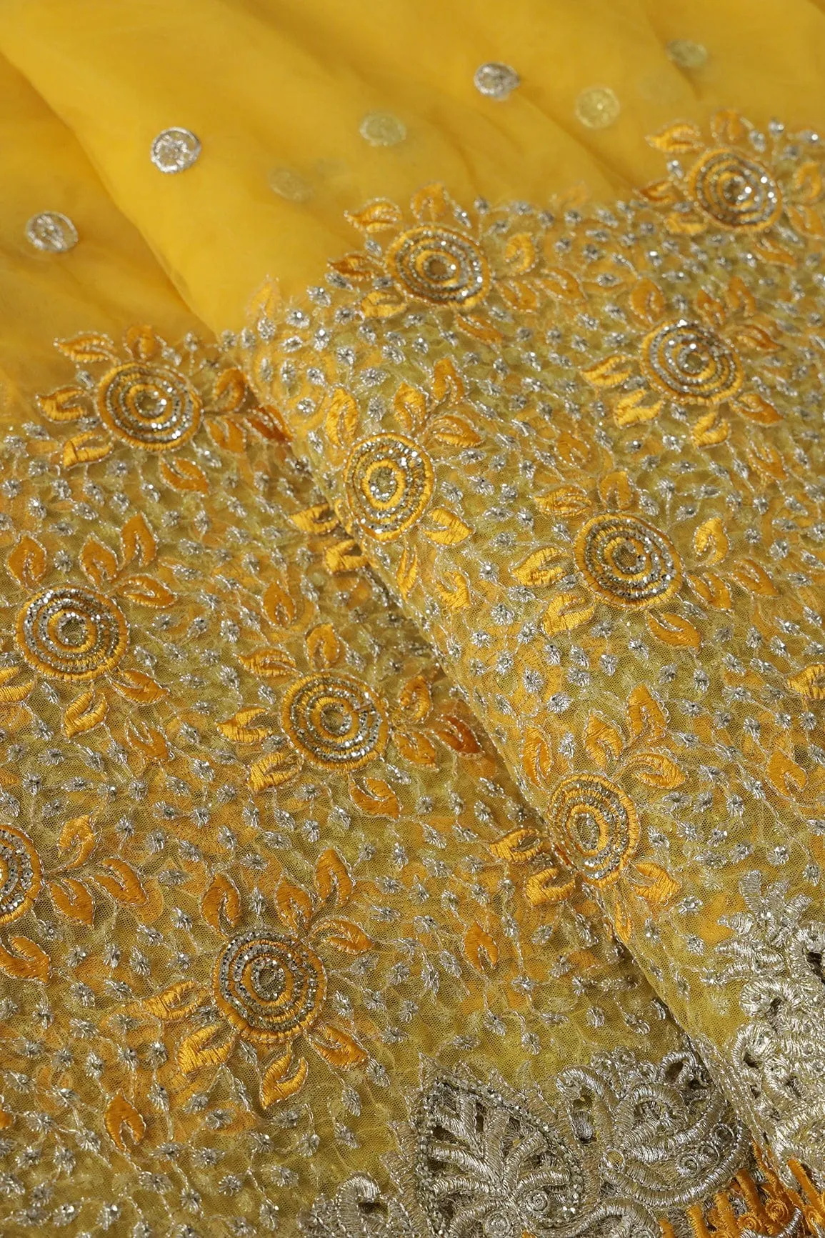 Big Width''56'' Yellow Thread With Zari Floral Embroidery Work On Yellow Soft Net Fabric With Border