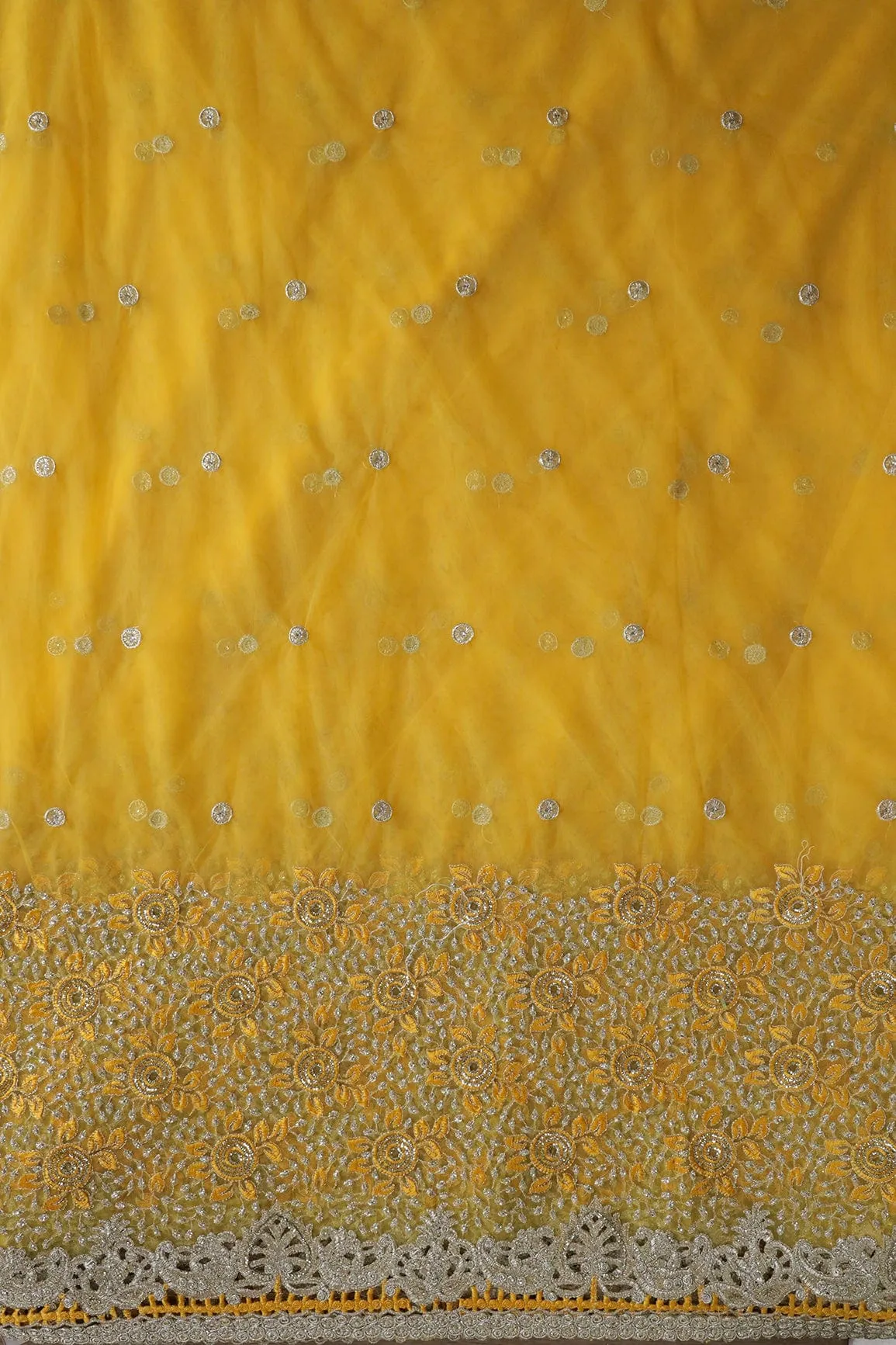 Big Width''56'' Yellow Thread With Zari Floral Embroidery Work On Yellow Soft Net Fabric With Border