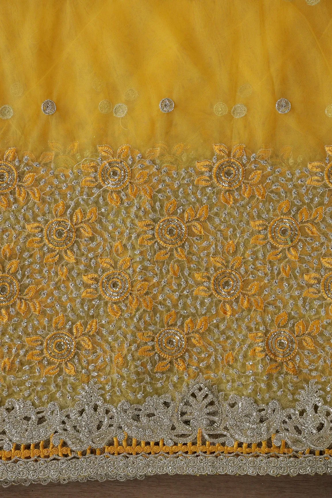 Big Width''56'' Yellow Thread With Zari Floral Embroidery Work On Yellow Soft Net Fabric With Border