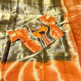 Black & Orange Banarasi Tissue Silk Saree with Stitched Blouse