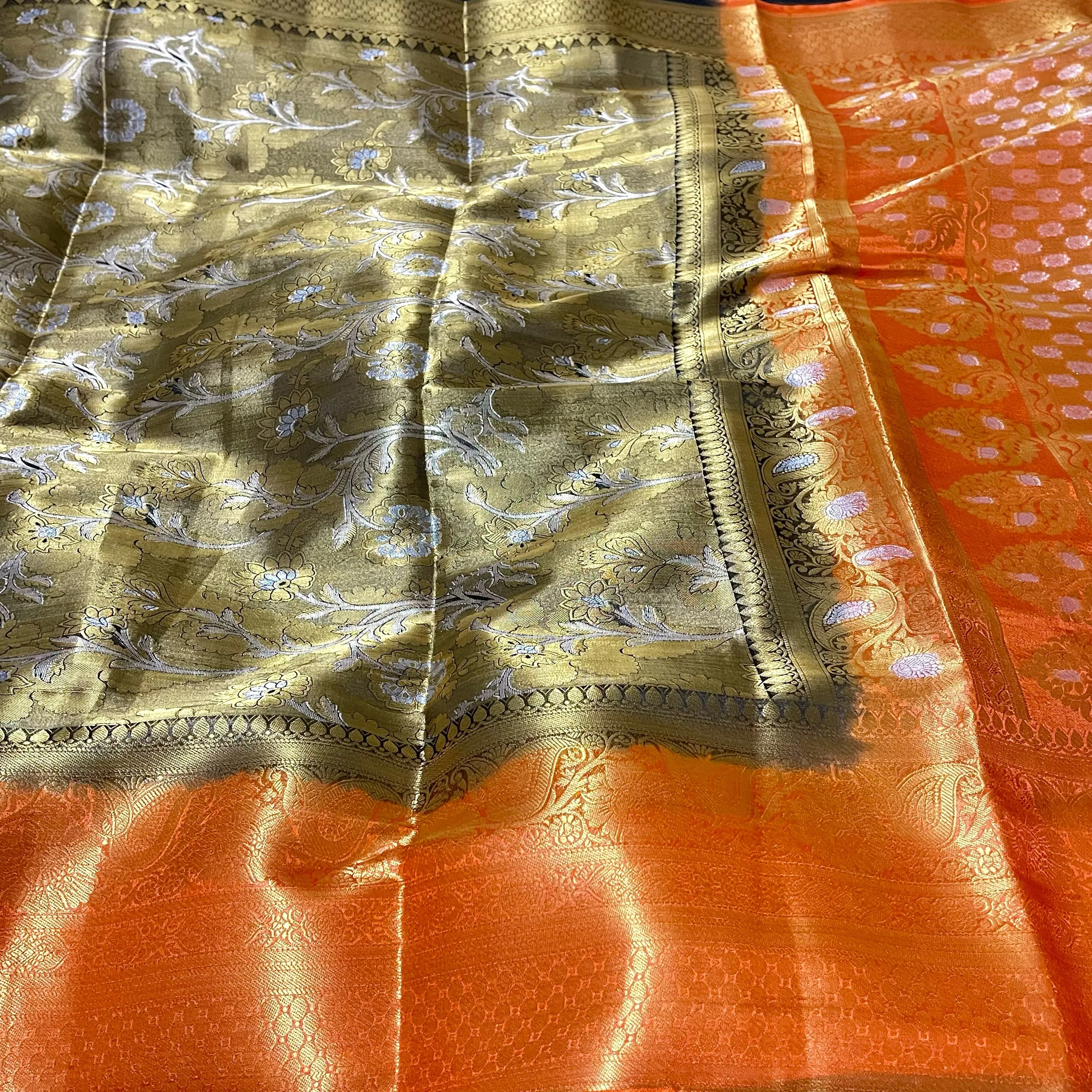 Black & Orange Banarasi Tissue Silk Saree with Stitched Blouse